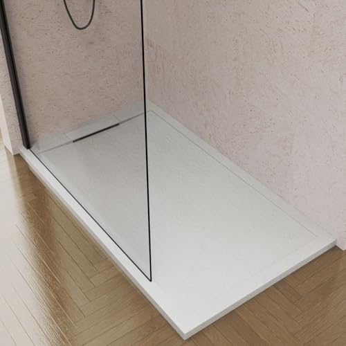 Plato de Ducha Resina 70 x 180 cm Blanco Enmarcado Textura Pizzarra Antideslizante C3 Rejilla de Resina. Incluye Valvula Sifón
