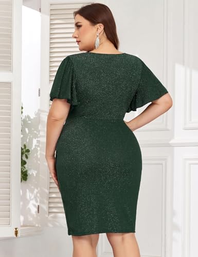 Image of ZOMVA Plus Size 0X-4X Sparkly Glitter Ruched Bodycon Mini Dress Sparkle Sequin Wrap Ruffle Sleeve Dress Cocktail Party Formal