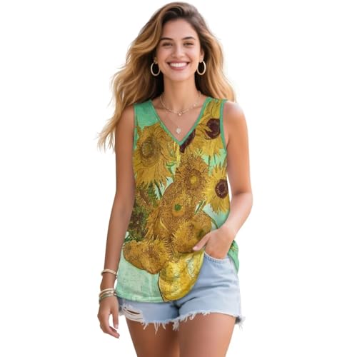 UOQFHHM Beach Vacation Clothes for Women Summer Tops Oil Painting Sunflower Print Sleeveless V Neck Tshirt Loose Fit Casual Tank Tunic Blouse for Commuting Medium