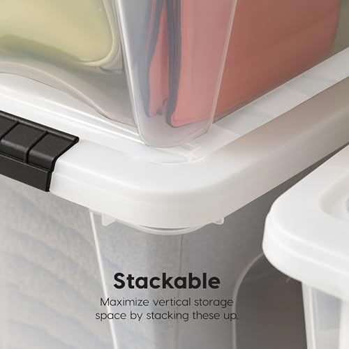 Image of IRIS USA 19 Qt Stackable Plastic Storage Bins with Lids, 6 Pack - BPA-Free, Made in USA - See-Through Organizing Solution, Latches, Durable Nestable Containers, Secure Pull Handle - Clear /White