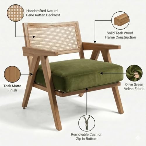 Image of Kingsman Furnitures ABEL Rattan Teak Wood Accent Arm Chair for Home Bedroom, Living, Dining, Drawing Room | Ultra Soft and Comfortable for Stress Free | Removable Cushion (KF-Bronx-OliveGreen-Velvet)