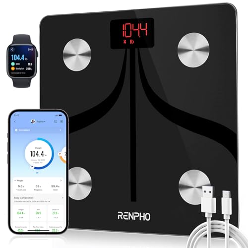 RENPHO Bascula de Baño con App, Recargable Báscula de Grasa Corporal, Bascula Inteligente con Bluetooth, Digital Bascula Bioimpedancia Monitor de Co