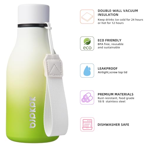 Image of BJPKPK Insulated Water Bottles, 12oz Stainless Steel Metal Water Bottle with Strap, BPA Free Leak Proof Jugs, Mugs, Flasks, Reusable Thermal Flasks for Sports & Travel, Elegant Green