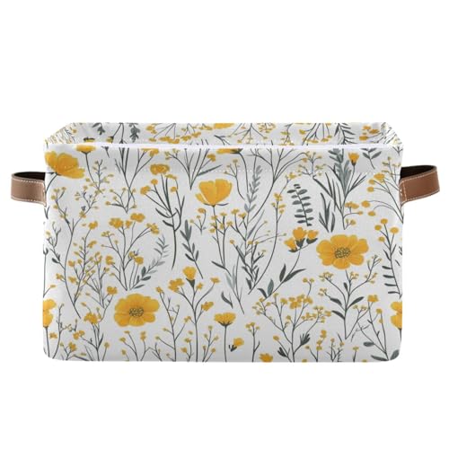 Kigai Yellow Flowers Storage Basket with Handle Collapsible Canvas Fabric Storage Bins Shelves Closet Organizer Gift Toy Basket for Bedroom Nursery Office, 1 PACK