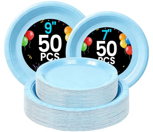 Fun Light Blue Paper Plates - Disposable Plates for Party, 50-9" & 50-7"
