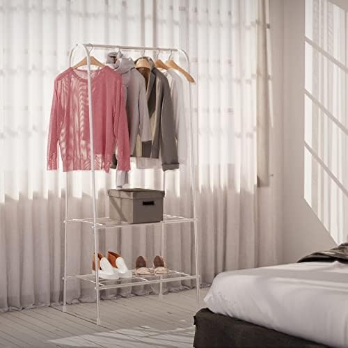 LONENESSL Metal Clothes Rail Garment Rack, Heavy Duty Coat Rail with 2 Tier Storage Shelf, A-shaped Clothes Rack, Stand Rail Hanger Organiser Shelf Bedroom Clothing Rack (White)