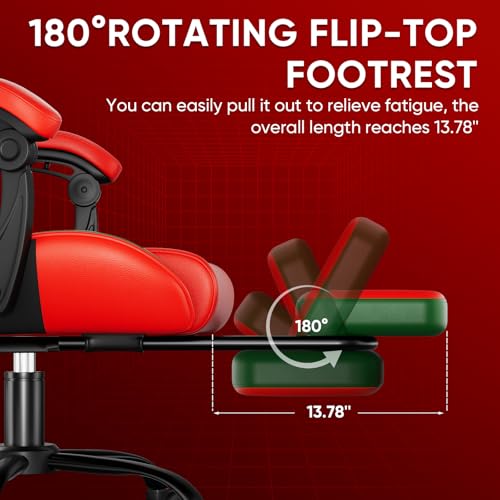 Image of Czlolo Gaming Chair, Lumbar Support Massage Computer Chair, High Back Gamer Chair, with Footrest and Headrest, Lumbar Pillow, Recline, Wide Seat, Gaming Chairs for Christmas /Birthday Gifts, Red