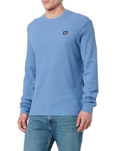 Calvin Klein Men’s Waffle Badge Long Sleeve Top with Round Neck, Blue (Dull Nile Blue), M
