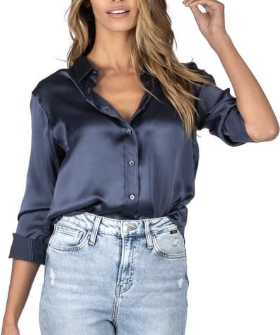 Genérico Camisa de Satin para Mujer (S, Azul Marino)