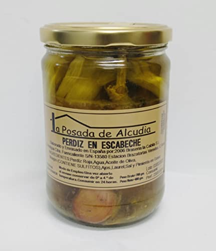 Perdiz en escabeche. Elaborado con Aceite de Oliva Virgen Extra. Producto Gourmet Gastronomía Española. Perdiz escabechada en bote de 780grs (445 grs neto). Productos Gourmet Cover