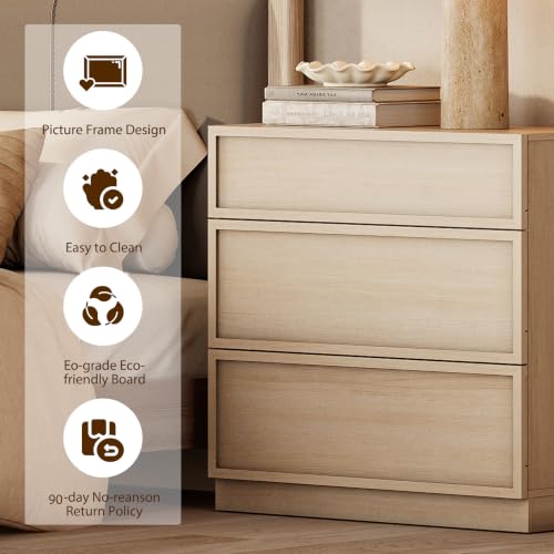 Image of WAMPAT Wided Nightstand with 3 Drawers, Modern Tall End Table with Large Storage for Bedroom, Bedroom Wooden Side Table and Closet Organizer, Beige, 2 Pcs
