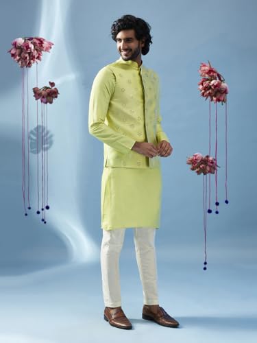 Image of KISAH Men Printed Kurta Jacket Set, Full Sleaves, Knee Length, Straight, Regular Fit, Mandarin Collar Ethnic Wear