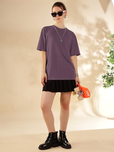 Image of HELLCAT Trendy Textured Half Sleeve Oversized Hexagon Waffle Crew Neck Tshirt for Women