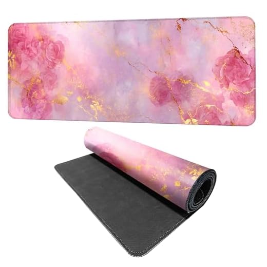 Tapete de mouse elegante rosa e dourado em mármore – Tapete de mesa estendido de 80 x 30 cm com design floral abstrato – Superfície antiderrapante luxuosa para decoração de escritório e casa