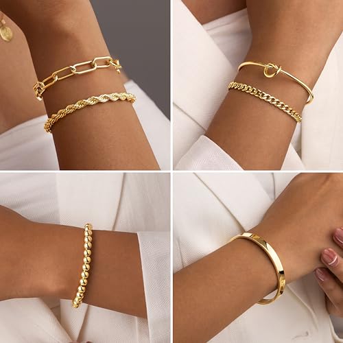 Gold Bracelets for Women Non Tarnish, 14K Gold Plated Chunky Cuff Bracelet Gold Bangles Bracelet for Women Trendy Tie Knot Cuban Rope Paperclip Beaded Bracelet Stack Jewelry Gifts4