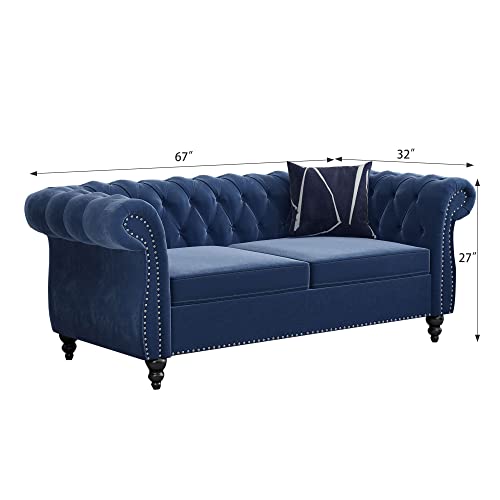 Image of ORRD Chesterfield Loveseat, Modern Velvet Sofa Tufted Couch 2 Seater with Scroll Arms and Nailhead for Living Room, Bedroom, Office, Apartment (Blue)