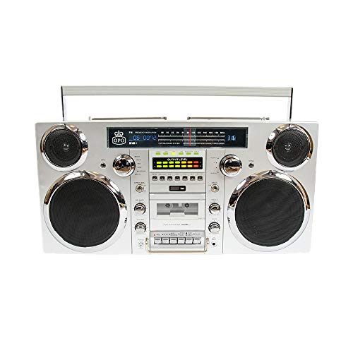 GPO Brooklyn 1980S-Style Portable Boombox - CD Player, Cassette Player, FM Radio, USB, Wireless Bluetooth Speaker - Silver