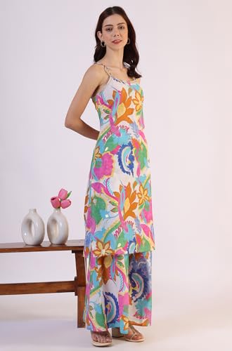 Image of W for Woman Orange Abstract Printed Tiered Spaghetti Kurta and Leggings Set with Dupatta