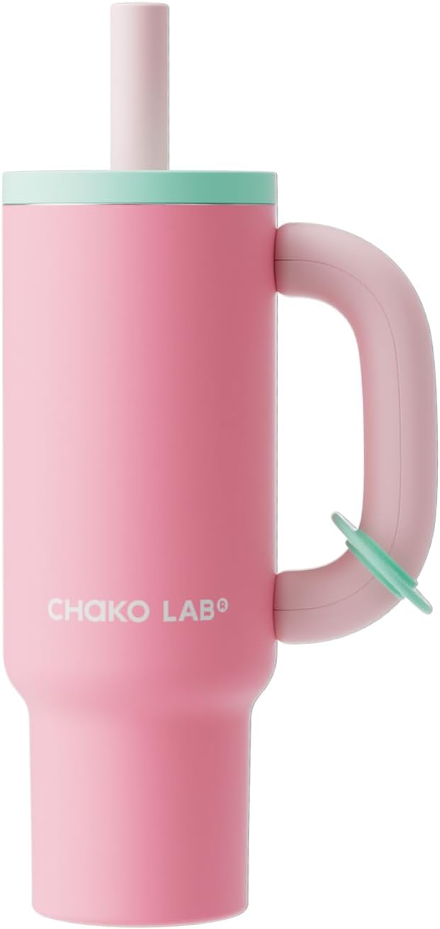 CHAKO LAB BaWang Insulated Stainless Steel Tumbler | Tumbler with Handle and Straw 33oz | Cup Holder Friendly for Travel | Leakproof Water Bottle | BPA-Free | Ceramic liner|Strawberry