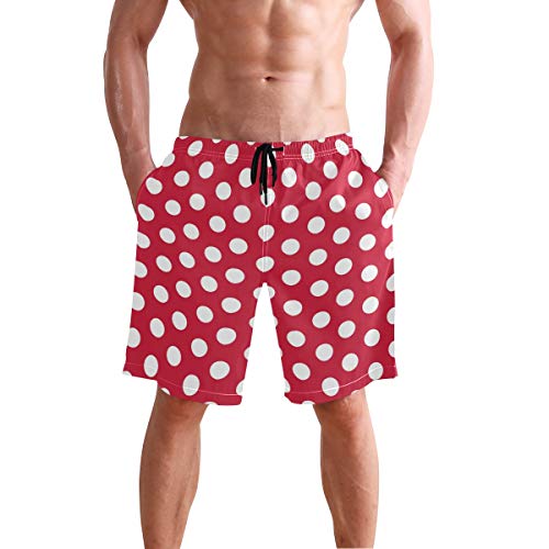 Men's Swim Trunks Modern Red White Polka Dot Quick Dry Board Shorts with Drawstring and Pockets