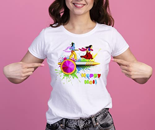 Image of Knitted Polycotton Fabric Regular Fit Girl Women Half Sleeve T-Shirt for Festival of Holi Style 20 White Size : Free