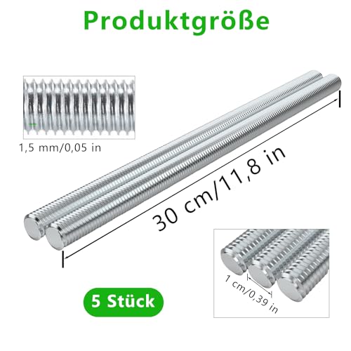 Gewindestange, M10 x 300 mm Edelstahlstäbe, 5 Stück Vollgewindestangen, 304 Edelstahl, Massive Rundstangen für Heimwerker