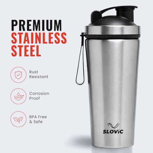Image of SLOVIC Steel Shaker For Gym [750 ML] | Gym Bottles For Men | Gyms Shaker for Men | Odor Free Protein Shaker Bottle For Protein Shake, Leakproof Stainless Steel Shakers Bottle For Exercise