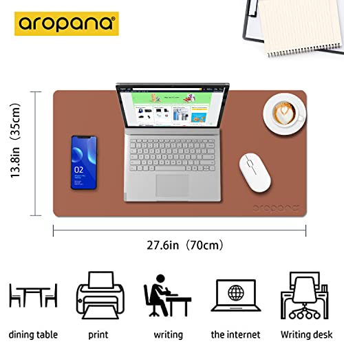 Image of AROPANA Vegan Leather Desk Mat | Large Reversible Mouse Pad & Computer Table Protector | Dual-Side Waterproof Extended Laptop Pad with Edge-Stitched Design (70x35CM, Brown and Grey)