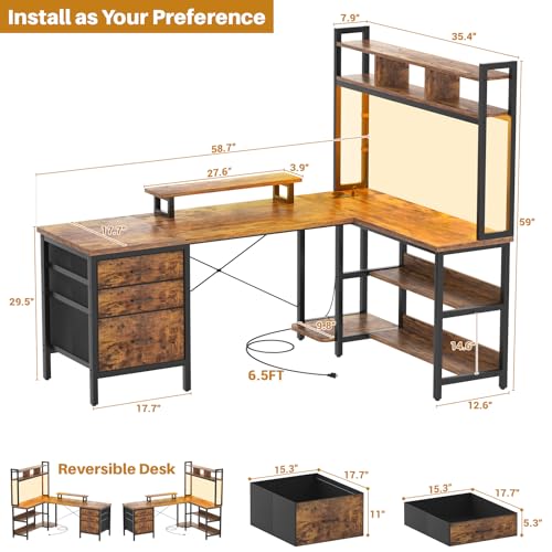 Aheaplus L Shaped Desk with Hutch, Gaming Desk with Led Lights, Reversible Computer Desk with Power Outlet, Corner Desk with File Drawer & Monitor Stand, Storage Shelves for Home, F1, Rustic Brown