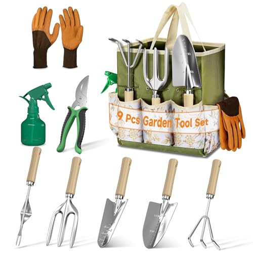 VASZOLA 9-teiliges Gartenwerkzeug-Set mit Tragetasche und Handkelle, Rechen, Schaufel, Robustes Gartenset aus Edelstahl für Pflanzen im Freien, ideal für Frauen und Mütter, Grün