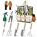 VASZOLA 9 Pcs Garden Tools Set with Tote Bag and Hand Trowel Rake Shovel, Heavy Duty Stainless Steel Gardening Kit for Outdoor Plant, Standable Portable Handbag Organizer, Ideal for Women Mom, Green