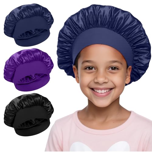 3PCS Kids Bonnets for Girls, Satin Silk Bonnet for Kids, Soft Wide Band Sleep Cap Toddler Bonnet Shower Caps(Black, Blue, Purple)
