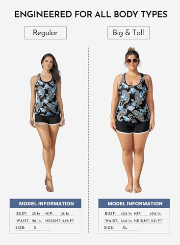 Aleumdr Womens Tankini Swimsuits Athletic Three Piece Tummy Control Bathing Suits with Shorts Modest Swimsuits for Women Black Floral X-Large