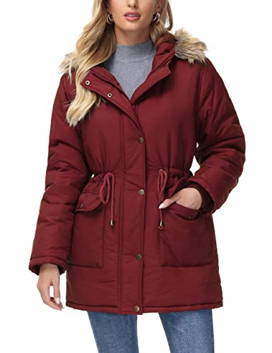 Kate Kasin Women Winter Overcoat Thick Hooded Warm Coats Parkas With Faux Fur Jackets Wine S #TOP1