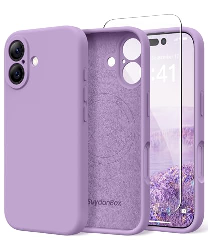 Image of Magnetic for iPhone 16 Case, Compatible with MagSafe, [Screen Protector + Full Camera Protection], Silicone Shockproof Anti-Scratch Protective Phone Case for iPhone 16 6.1 inch, Light Purple