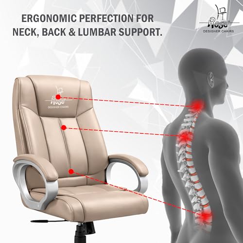Image of ROSE Kyoto Orthopedic Boss Chair with 3 Years Brand Warranty, Ergonomic Executive Chair Seat, Metallic Base | High Back (Tan, Leatherette)