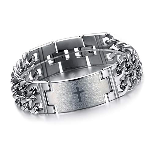 Image of Young & Forever Titanium Steel Cuban Link Chain ID Bar Bracelet for Men and Boys | Bold Punk Style Hand Band Kada | Plain and Religious Cross Engraved Matte Black & Metallic Silver Style Options