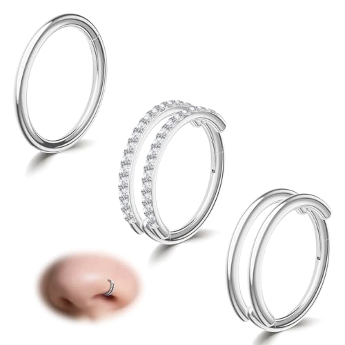 davka 3pcs Silver Nose Rings Hoops - Double Hoop Nose Ring 18G Hinged CZ Piercing Jewelry Septum Clicker Rings Cartilage Earring Rook Tragus Daith