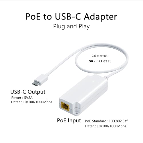 Gigabit PoE to USB C Converter for Smart Phone/Tablet, USB-C to Ethernet Adapter with 10W Charging, Power & Data 2-in-1 RJ45 Port to Type-C Adapter, 10/100/1000Mbps High Speed Plug & Play,IEEE802.3af