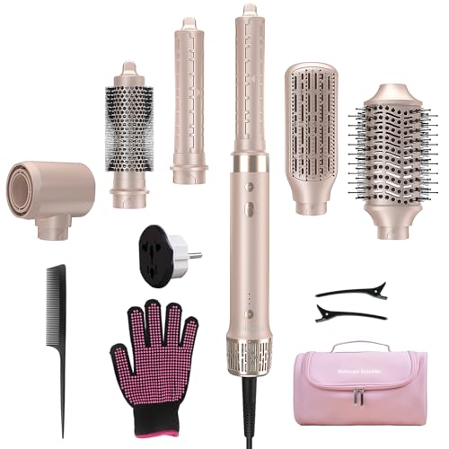 Image of Mythsight Dual Voltage StyleVibe 6-in-1 Air Styler, Hair Dryer & Blow Dryer Brush with Travel Case - Auto Wrap Curls (L /R), Fast Drying, Thermal Brush for Blowouts & Frizz-Free Volume, No Heat Damage