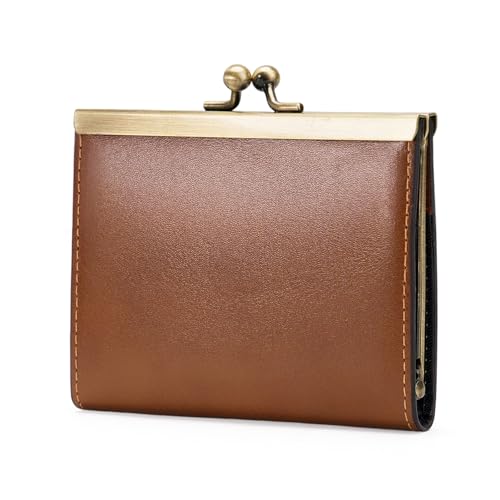 Image of GOIACII Credit Card Holder Vintage Wallet for Women Genuine Leather Ladies Card Cases with Kiss Lock Small Brown