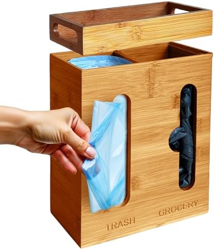 2-in-1 Grocery Bag Holder & Trash Bag Dispenser – Acacia Wood, Under Sink Organizer With Magnetic Closure