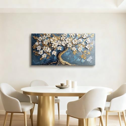 Toile fleurs blanches sur l'arbre de vie tableau décoratif grand format - 5