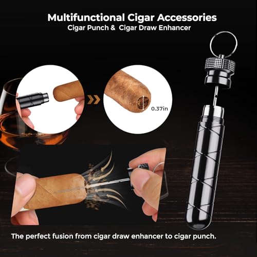 Travel Cigar Humidor Case Set, Double-sided Design, with Cigar Lighter Built-in V Cutter, 2-in-1 Cigar Draw Enhancer/Punch Tool, Cigar Holder, Humidifier&Hygrometer, Cigar Accessories Gift Kit for Men