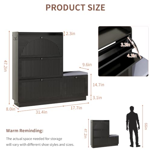 Image of Shoe Storage Cabinet with 2 Flip Drawers, Shoe Organizer Storage with Bench