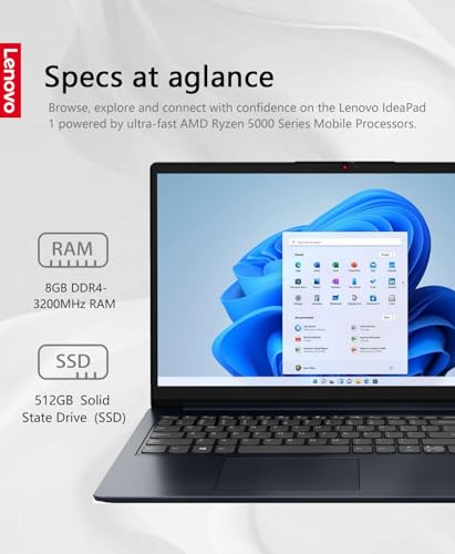 Image of Lenovo Ideapad 1 Laptop, 15.6 inch FHD (1920x1080) IPS 300nits Anti-Glare Display, Touch, Ryzen 5 7520U, 8GB RAM, 512GB Storage, AMD Radeon Graphics, HDMI, Windows 11, HDMI, Abyss Blue