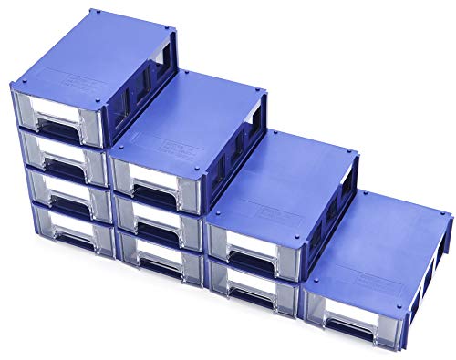 Stackable Plastic Small Parts Hardware and Craft Storage Drawers, Set of 10; Modular, Fits on Desktops, Able to Assemble into a Cabinet, Comes with Paper Labels; Blue Casing with Clear Drawer; 15 x 9.2 x 4.4cm