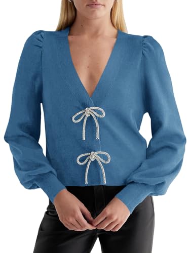Image of Saodimallsu Womens Bow Button Front Cardigan Sweaters V Neck Cropped Knit Sweater
