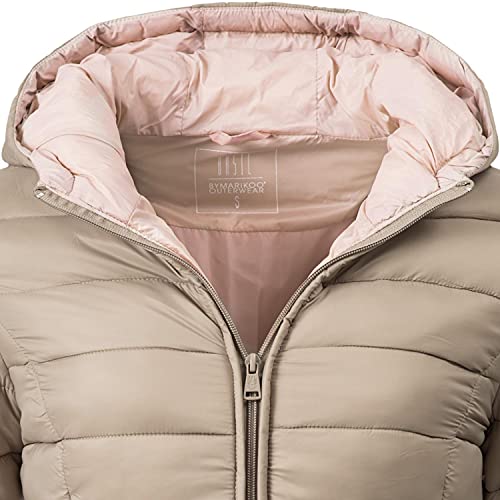 MARIKOO Damen Übergangsjacke leichte Steppjacke kurz mit Kapuze Lucy Taupe Gr. 3XL