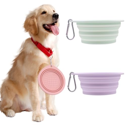 ペットボウル 折り畳み ペットボウル 2個セット 犬 猫 皿 ペット食器 水入れ 水飲み シリコン素材 軽量 携帯便利 散歩 お出かけ ペット用品 登山釦付き (パープル+グリーン)